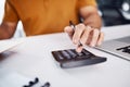 Calculator, budget and man hands with finance, profit check and financial accounting on office desk closeup. Person or Royalty Free Stock Photo