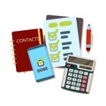 Calculator business tools. Modern stationery notebook pen paper sheet vector top view flat picture
