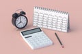 Calculator calendar, alarm clock and pencil