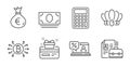 Calculator, Cash money and Money bag icons set. Vacancy, Online loan and Crown signs. Vector