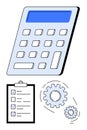Calculator with checklist and cogs representing calculation, planning, and process optimization Royalty Free Stock Photo