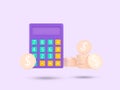 Calculator and coin 3D icon. Financial, money management, planning, calculating financial risk symbol.