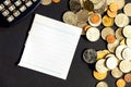 Calculator and coins from different countries lying on a table