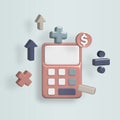 Calculator, coins and mathematical object form on pastel colour background. 3d render illustration. Financial icon concept Royalty Free Stock Photo