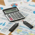 A calculator displaying the number 541996 is surrounded by financial charts. The desk