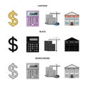 Calculator, dollar sign, new building, real estate offices. Realtor set collection icons in cartoon,black,monochrome