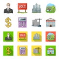 Calculator, dollar sign, new building, real estate offices. Realtor set collection icons in cartoon,flat style vector