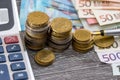 Calculator with euro cins and banknotes. Royalty Free Stock Photo