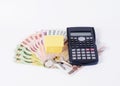 Calculator and Home paper and Keys and Thai money banknote for