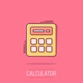 Calculator icon in comic style. Calculate cartoon vector illustration on isolated background. Calculation splash effect business Royalty Free Stock Photo
