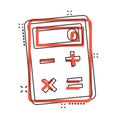 Calculator icon in comic style. Calculate cartoon vector illustration on white isolated background. Calculation splash effect Royalty Free Stock Photo