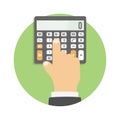 Calculator icon. Hand considers on the calculator