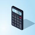 Calculator isometric flat icon. 3d vector colorful illustration isolated on blue background.