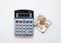 Calculator, Israeli Shekel Notes And coins isolated on white Royalty Free Stock Photo