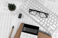 Calculator, keyboard, magnifying glass, pen, eye glasses lying on financial statement Royalty Free Stock Photo