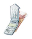 Calculator with a lid in the shape of a house with windows and a roof. The mortgage payment calculator lies on a pile of banknotes