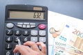 Calculator, money, pen and envelope on the table