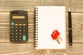 Calculator, notebook, keys, pen on the background Royalty Free Stock Photo