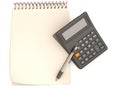 Calculator, notebook and pen