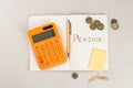 Calculator, notebook with word Pension, pen, coins, sticky note and paper clips on light gray table, flat lay. Retirement concept Royalty Free Stock Photo