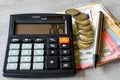 Calculator with number 2024 on display, pen, euro banknotes and coins on grey background Royalty Free Stock Photo