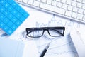 Calculator, pen, computer keyboard, eyeglasses on financial graphs. Business. Analysis Royalty Free Stock Photo