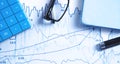 Calculator, pen, eyeglasses on financial graphs. Business. Analysis Royalty Free Stock Photo