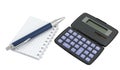 Calculator, pen laying on blank notebook Royalty Free Stock Photo
