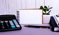 A calculator, pen, notebook, flower in a pot and diaries are on the desktop. Place to insert text. Business concept Royalty Free Stock Photo