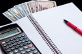 Calculator, pen, notebook and money Royalty Free Stock Photo