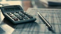 A calculator and pen rest on a financial document with numbers..AI generated image Royalty Free Stock Photo