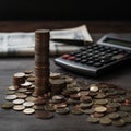 Calculator and pen with stacks of coins and banknotes nearby