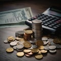 Calculator and pen with stacks of coins and banknotes nearby Royalty Free Stock Photo