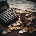 Calculator and pen with stacks of coins and banknotes nearby