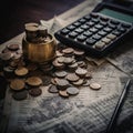 Calculator and pen with stacks of coins and banknotes nearby Royalty Free Stock Photo