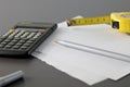 Calculator pencil and meter tape Royalty Free Stock Photo