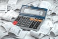 Calculator with receipts. Home budjet, grocery expenses and consumerism concept background