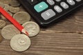 Calculator, red pencil and old coins of the USSR lie on a wooden table. Close-up. Selective focus. Royalty Free Stock Photo