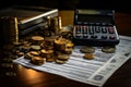 A calculator rests on a financial newspaper alongside stacks of coins, depicting strategic budgeting, ideal for content