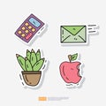 calculator. send email. flower pot. bitten apple doodle icon sticker set vector illustration