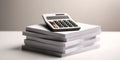 A calculator sits on top of a stack of white papers, suggesting financial calculations or accounting work is being done Royalty Free Stock Photo