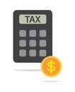 Calculator with tax sign. Tax, business, money sign. Cost cash, business, future and online, website related single icon on white. Royalty Free Stock Photo