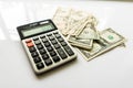 Close-up Money and Calculator, American Dollar Banknotes Royalty Free Stock Photo