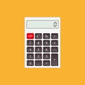 Calculator, white calculator with gray and red buttons isolated on yellow background Royalty Free Stock Photo