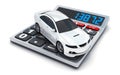 Calculator and white small car on white background