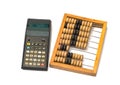 Calculator and wooden abacus. Royalty Free Stock Photo