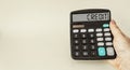 Calculator with word CREDIT on display in female hand. Royalty Free Stock Photo