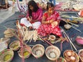 Two women weaving bamboo basket's at Calcutta handicraft trade fair ground.