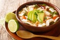 Caldo tlalpeno is a Mexican chicken soup with chickpeas and veggies close-up in a bowl. horizontal Royalty Free Stock Photo