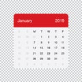 Calendar January 2019 Clean Minimal Table Simple Design. Week Starts on Monday.